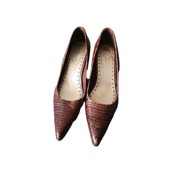 Nine & Co Women's Size 7.5 Chocolate Brown Leather Croc Embossed Kitten Heels - Picture 1 of 6